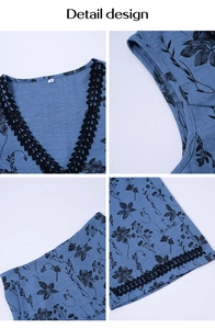 Détails de la bordure en dentelle et motif floral sur un ensemble bohème bleu