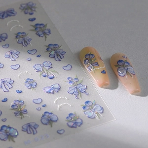 Blue bow heart 3D embossed nail stickers M-623 with aurora finish and floral patterns
