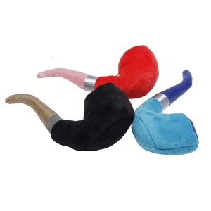 Pipe-shaped plush dog toys in red, blue, and black colors with mesh texture on white background