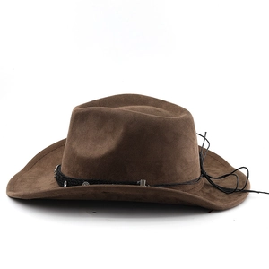 Detail of suede cowboy hat featuring a black braided band with silver metal buckles
