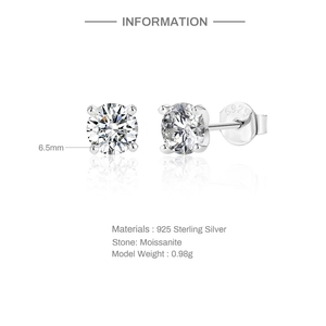 Classic S925 sterling silver four-prong moissanite stud earrings with mirror reflection