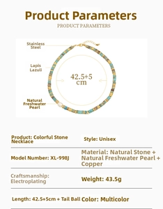 Detailed specs of colorful jasper stone necklace with freshwater pearls and steel hardware