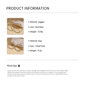 Detailed product information chart showing dimensions and weight for geometric hoop earrings