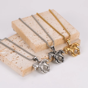 Vintage stainless steel horse pendant necklaces in silver, gold, and gunmetal finishes