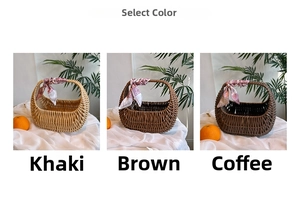Detailed color selection of woven basket handbags in khaki, brown and dark coffee