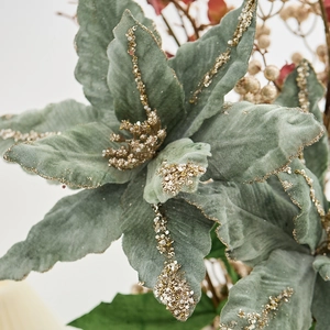 Fleur de Noël en velours vert sauge avec paillettes dorées pour décoration de sapin