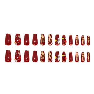 Sparkling dark red festive press-on nails set with gold Chinese luck characters and pearls