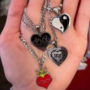 Hip hop heart pendants necklaces featuring flame, tai chi, and barbed wire metal designs