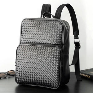 Fashionable black woven leather backpack for men with large capacity business design