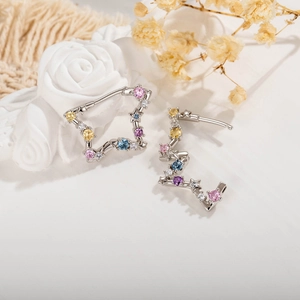 Elegant silver star earrings with colorful cubic zirconia set against white floral decor