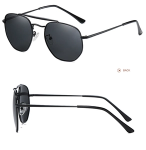 Detail view of black polarized aviator sunglasses with metal frames from multiple angles