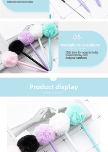 Detail showing plush fur ball caps on creative pens in assorted macaron colors
