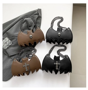Collage of bat-shaped leather crossbody bags with skull and cross charms in black and brown