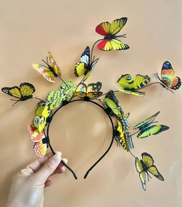 Detailed view of hand-held LED 3D butterfly headband with colorful vibrant decorations