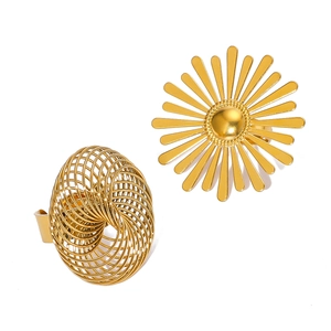 Minimalist gold plated stainless steel sunburst and spiral weave open rings set
