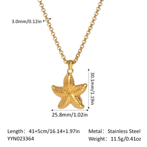 Detailed view of starfish pendant dimensions on a gold stainless steel chain necklace