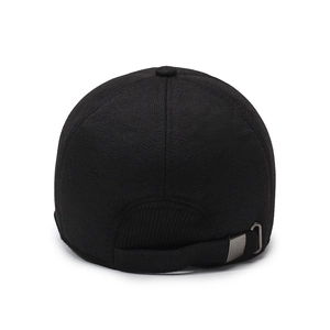 Rear view of black thermal baseball cap for men with adjustable metal buckle and warm fabric