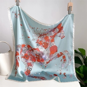 Hanging square scarf with floral horse pattern in light blue silky fabric