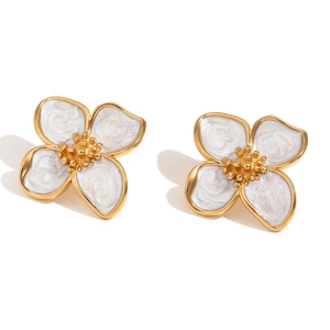 Elegant 18K gold plated stainless steel floral stud earrings with white enamel petals