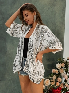 Sparkly white sequin cardigan for women with short length and 3/4 sleeves for vacation
