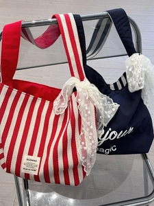 Stylish striped canvas tote bags with delicate lace bows and casual shoulder straps