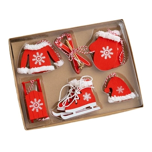 6-piece Nordic wooden Christmas ornaments set with red and white mittens and sleds