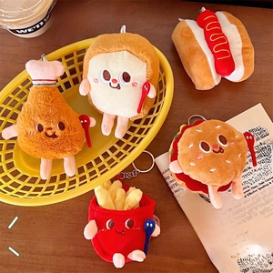 Detailed view of plush burger and fries charms with embroidery and metal keychains