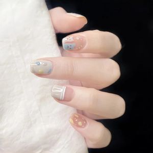 Short Square Plastic Press On Nails Cute Cartoon Bear Hand Painted Summer Fresh Style Graffiti Macaron Color Nails