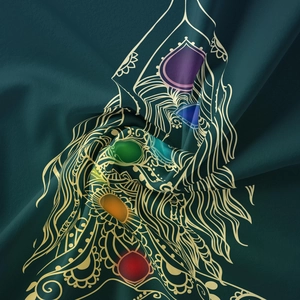 Detail of dark green tapestry with golden Infinity Gauntlet print and vibrant colored gems