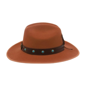Detail of wool felt wide brim hat with brown leather band and turquoise stone accents