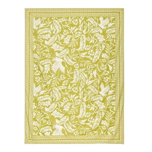 Detail of olive green tapestry with white crane and tropical palm leaf print pattern