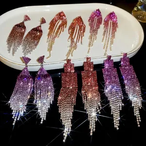 Sparkling geometric tassel earrings with colorful rhinestones in multiple gradient colors