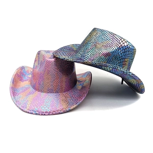 Close-up of colorful snake pattern cowboy hats with metallic holographic finish