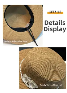 Detail of hand-woven straw hat with elegant pearl band and adjustable inner strap