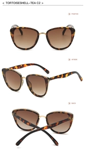 Multiple views of tortoiseshell cat-eye sunglasses with gold metal bridge and tea lenses