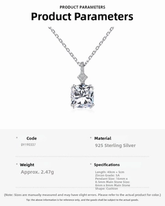Macro detail of S925 sterling silver necklace featuring a 5A cushion-cut zircon pendant