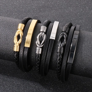 Bracelets multicouches en cuir tressé pour hommes avec fermoirs magnétiques or, argent et noir