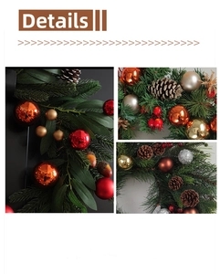 Detailed view of Christmas wreath with pine needles, cones, berries and ornaments