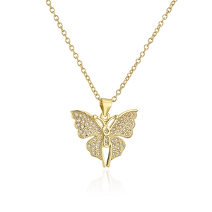 Close-up of 18K gold plated butterfly pendant with pavé zircons on an O-chain