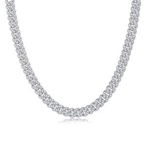 Moissanite Cuban link necklace in silver finish with pavé-set stones on white background