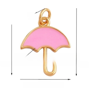 Pendentif parapluie en émail rose avec bords dorés montrant les dimensions pour bijoux DIY