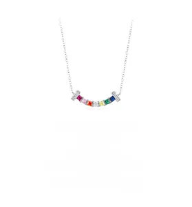 Detailed view of rainbow zircon curve pendant on 925 sterling silver necklace
