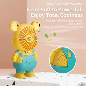 Portable cartoon bear desk fan with two-speed settings and USB charging in yellow and blue