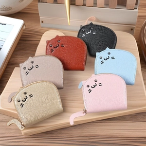 Cute Cat Shaped Card Holder Litchi Grain PU Leather Accordion Zip Coin Purse For Women Girls Small Portable Pouch