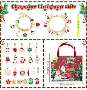 DIY Christmas bracelet advent calendar with 22 charms, gold bracelets, and tweezers