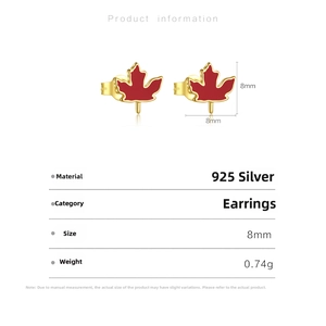 Detailed specifications of 925 silver red maple leaf studs with enamel design and 8mm size