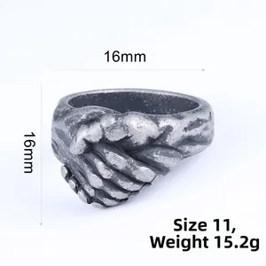Detail showing vintage stainless steel handshake ring with 16mm size and 15.2g weight specs