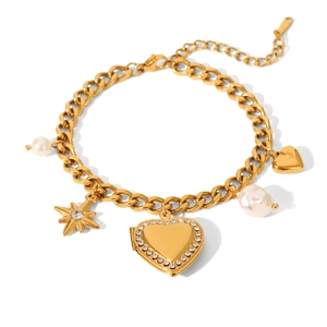 Gold stainless steel Cuban link bracelet with heart locket, pearls and star pendants