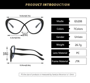 Detailed size specifications for fashionable TR90 contrast color large frame glasses