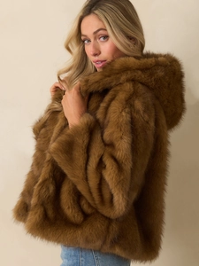 Brown faux fur hooded jacket for women featuring soft plush texture and trendy oversized fit